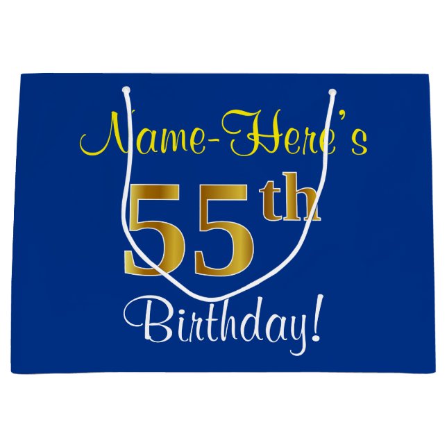 Elegant, Blue, Faux Gold 55th Birthday + Name Large Gift Bag (Front)