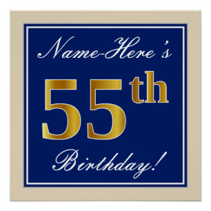 Elegant, Blue, Faux Gold 55th Birthday + Name Poster