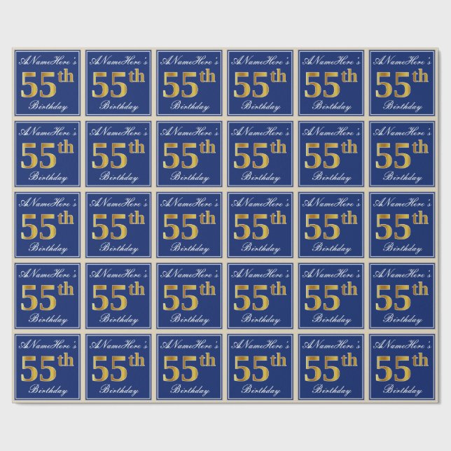 Elegant, Blue, Faux Gold 55th Birthday + Name Wrapping Paper (Flat)