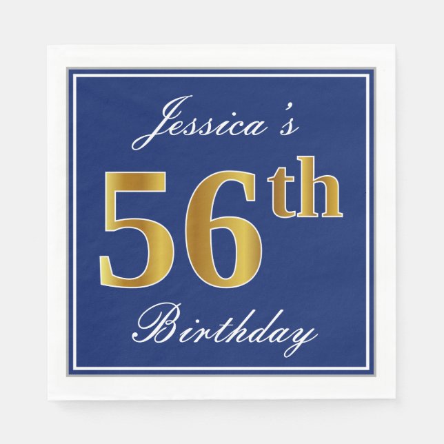Elegant Blue, Faux Gold 56th Birthday; Custom Name Napkin (Front)