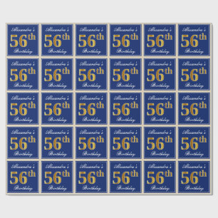 Elegant, Blue, Faux Gold 56th Birthday + Name Wrapping Paper