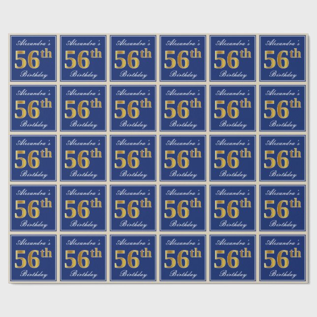 Elegant, Blue, Faux Gold 56th Birthday + Name Wrapping Paper (Flat)