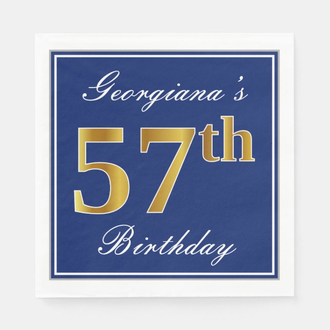Elegant Blue, Faux Gold 57th Birthday; Custom Name Napkin (Front)