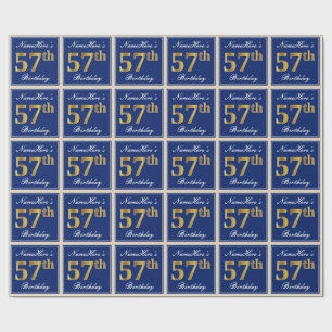 Elegant, Blue, Faux Gold 57th Birthday + Name Wrapping Paper
