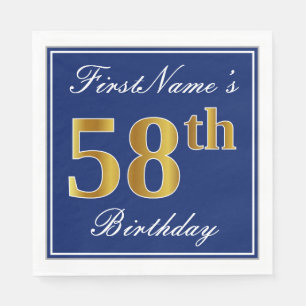 Elegant Blue, Faux Gold 58th Birthday; Custom Name Napkin