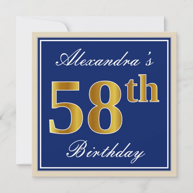 Elegant, Blue, Faux Gold 58th Birthday + Name Invitation (Front)