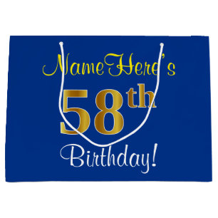 Elegant, Blue, Faux Gold 58th Birthday + Name Large Gift Bag