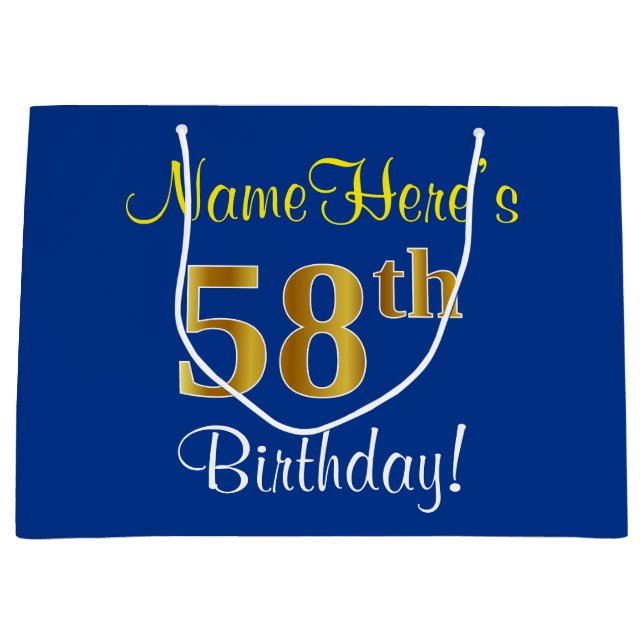 Elegant, Blue, Faux Gold 58th Birthday + Name Large Gift Bag (Front)