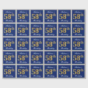 Elegant, Blue, Faux Gold 58th Birthday + Name Wrapping Paper