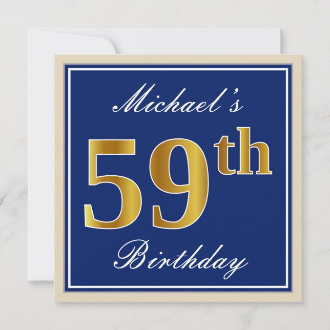 Elegant, Blue, Faux Gold 59th Birthday + Name Invitation (Front)