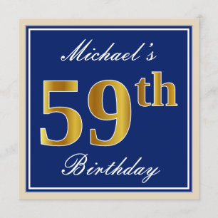 Elegant, Blue, Faux Gold 59th Birthday + Name Invitation