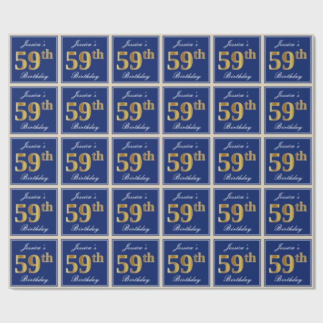 Elegant, Blue, Faux Gold 59th Birthday + Name Wrapping Paper (Flat)