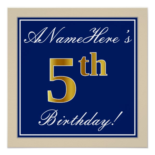 Elegant, Blue, Faux Gold 5th Birthday; Custom Name Poster (Front)