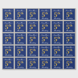 Elegant, Blue, Faux Gold 5th Birthday; Custom Name Wrapping Paper