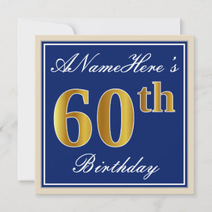 Elegant, Blue, Faux Gold 60th Birthday + Name Invitation