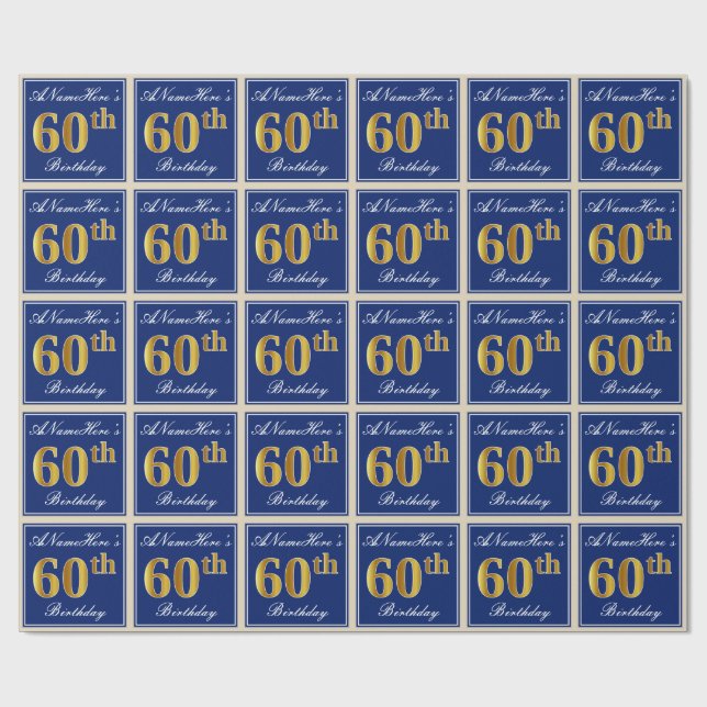 Elegant, Blue, Faux Gold 60th Birthday + Name Wrapping Paper (Flat)