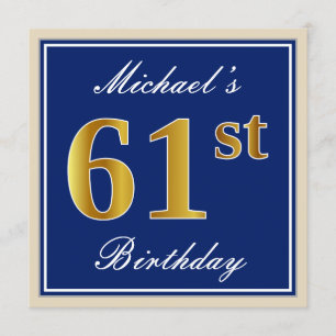 Elegant, Blue, Faux Gold 61st Birthday + Name Invitation