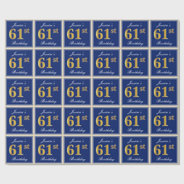 Elegant, Blue, Faux Gold 61st Birthday + Name Wrapping Paper (Flat)