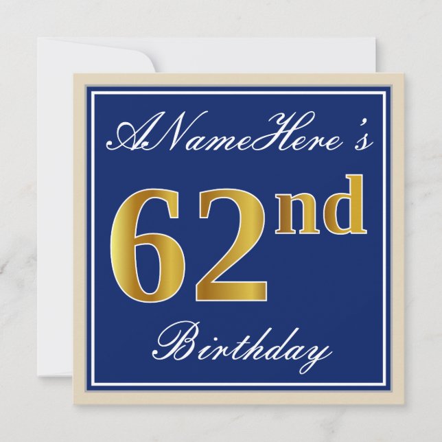 Elegant, Blue, Faux Gold 62nd Birthday + Name Invitation (Front)