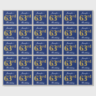 Elegant, Blue, Faux Gold 63rd Birthday + Name Wrapping Paper