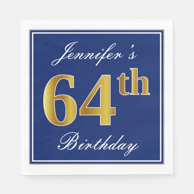Elegant Blue, Faux Gold 64th Birthday; Custom Name Napkin (Front)