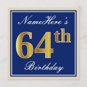 Elegant, Blue, Faux Gold 64th Birthday + Name Invitation