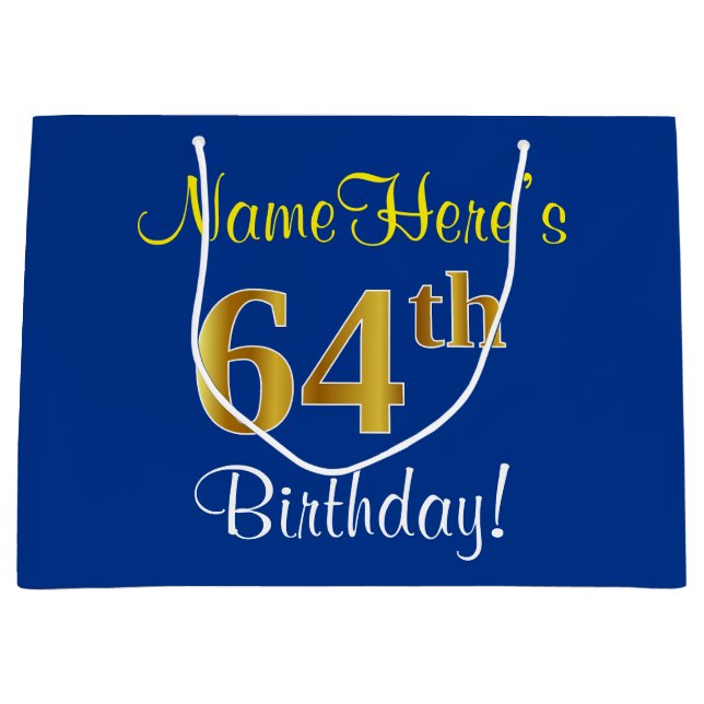 Elegant, Blue, Faux Gold 64th Birthday + Name Large Gift Bag (Front)