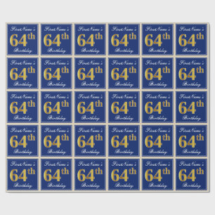 Elegant, Blue, Faux Gold 64th Birthday + Name Wrapping Paper