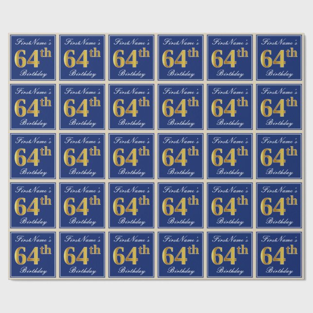 Elegant, Blue, Faux Gold 64th Birthday + Name Wrapping Paper (Flat)