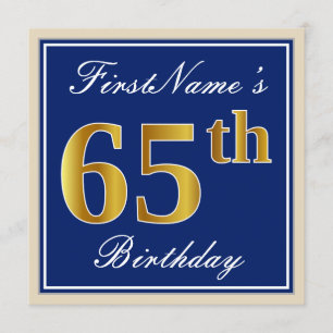 Elegant, Blue, Faux Gold 65th Birthday + Name Invitation