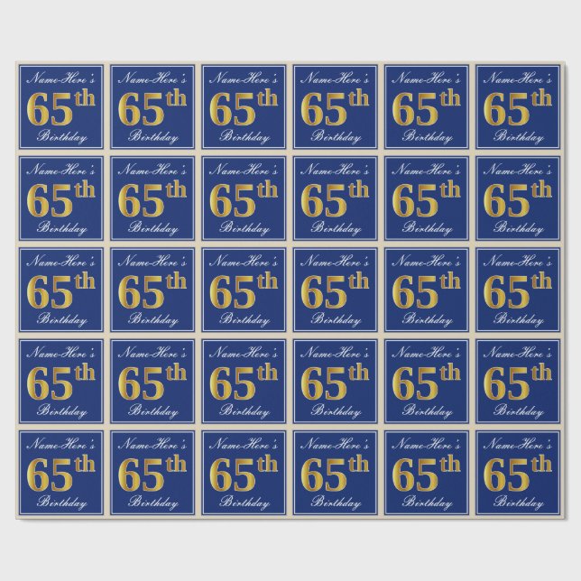 Elegant, Blue, Faux Gold 65th Birthday + Name Wrapping Paper (Flat)