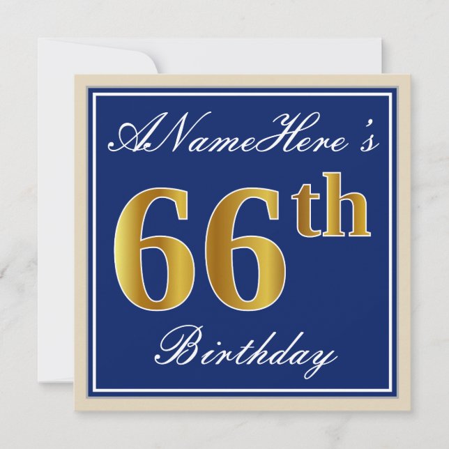 Elegant, Blue, Faux Gold 66th Birthday + Name Invitation (Front)