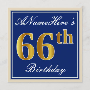 Elegant, Blue, Faux Gold 66th Birthday + Name Invitation