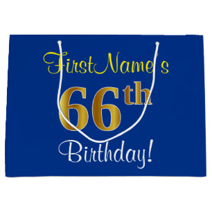 Elegant, Blue, Faux Gold 66th Birthday + Name Large Gift Bag