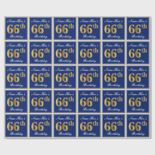 Elegant, Blue, Faux Gold 66th Birthday + Name Wrapping Paper