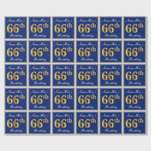 Elegant, Blue, Faux Gold 66th Birthday + Name Wrapping Paper (Flat)