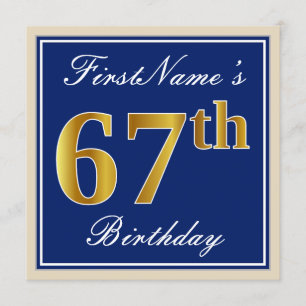 Elegant, Blue, Faux Gold 67th Birthday + Name Invitation