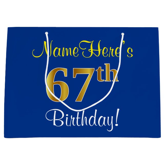 Elegant, Blue, Faux Gold 67th Birthday + Name Large Gift Bag (Front)