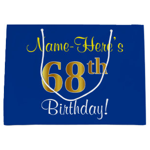 Elegant, Blue, Faux Gold 68th Birthday + Name Large Gift Bag