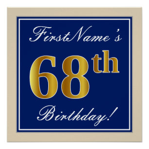 Elegant, Blue, Faux Gold 68th Birthday + Name Poster