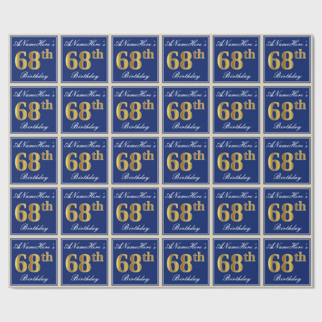 Elegant, Blue, Faux Gold 68th Birthday + Name Wrapping Paper (Flat)