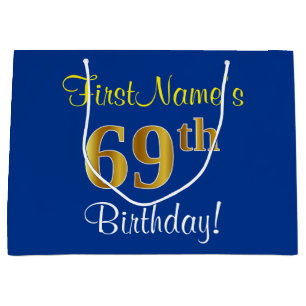 Elegant, Blue, Faux Gold 69th Birthday + Name Large Gift Bag