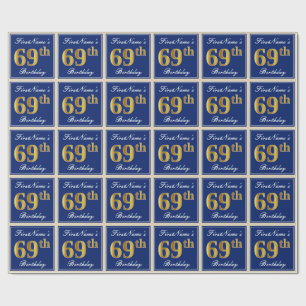 Elegant, Blue, Faux Gold 69th Birthday + Name Wrapping Paper