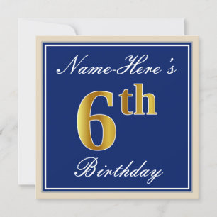 Elegant, Blue, Faux Gold 6th Birthday; Custom Name Invitation