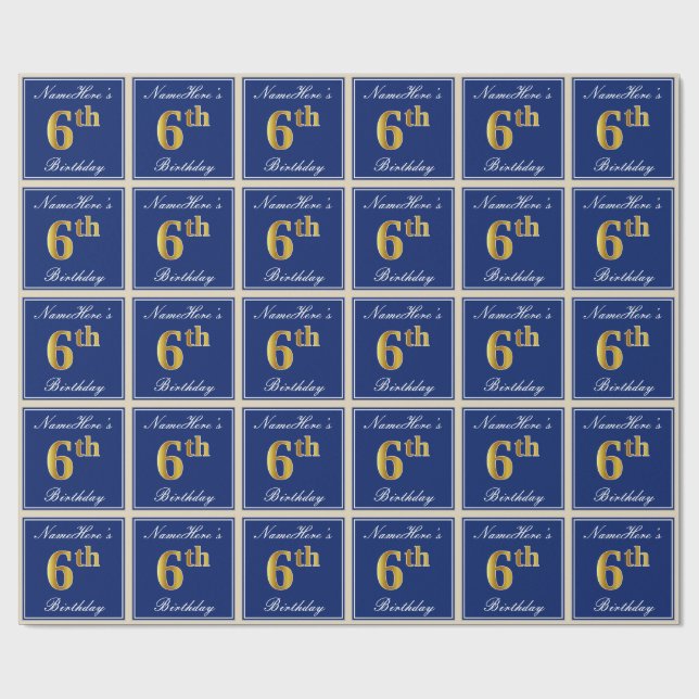 Elegant, Blue, Faux Gold 6th Birthday; Custom Name Wrapping Paper (Flat)