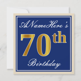 Elegant, Blue, Faux Gold 70th Birthday + Name Invitation