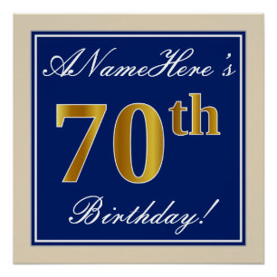 Elegant, Blue, Faux Gold 70th Birthday + Name Poster