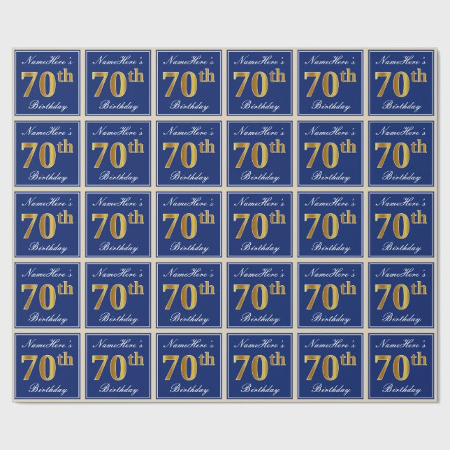 Elegant, Blue, Faux Gold 70th Birthday + Name Wrapping Paper (Flat)