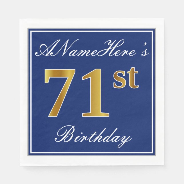 Elegant Blue, Faux Gold 71st Birthday; Custom Name Napkin (Front)