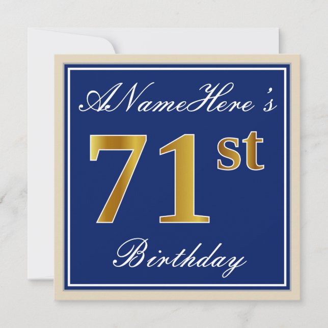 Elegant, Blue, Faux Gold 71st Birthday + Name Invitation (Front)